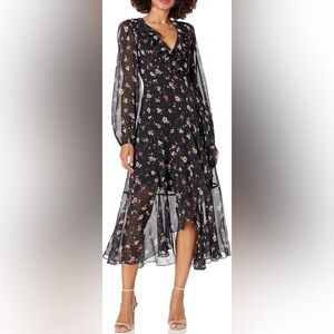GUESS Black Floral Chiffon Midi Dress Size 6 | Long Sleeve Ruffle V-Neck